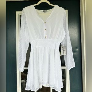 white polka dot dress with sheer sleeves
